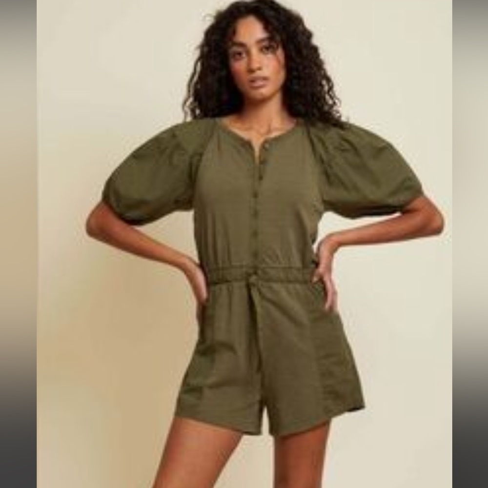 Nation LTD Army Green Puff Sleeve Romper